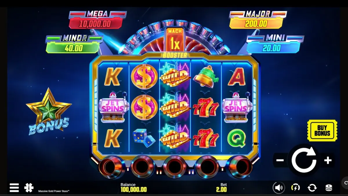 Tampilan visual slot Massive Gold Power Staxx dengan tema luar angkasa dan simbol emas.